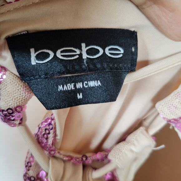 Bebe Women Sequin Open Back Sparkle Mesh Short Dress Size Medium Pink Y2k Barbie - Picture 6 of 14